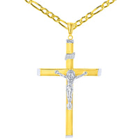 Load image into Gallery viewer, High Polish 14K Two-Tone Gold Large Cross Catholic Crucifix Pendant Necklace with Figaro Chain
