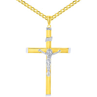 Load image into Gallery viewer, High Polish 14K Two-Tone Gold Large Cross Catholic Crucifix Pendant Necklace with Cuban Curb Chain
