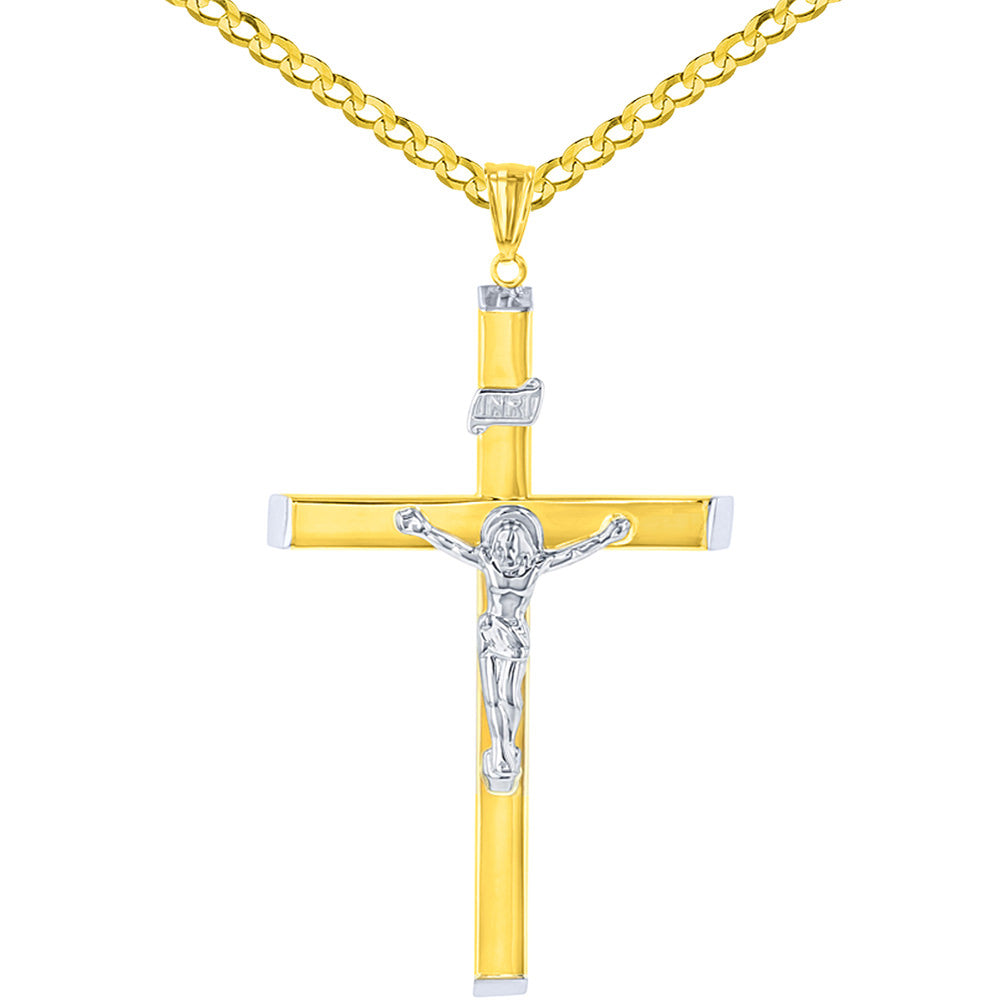 High Polish 14K Two-Tone Gold Large Cross Catholic Crucifix Pendant Necklace
