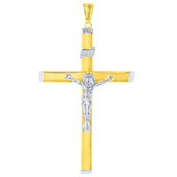 Load image into Gallery viewer, High Polish 14K Two-Tone Gold Large Cross Catholic Crucifix Pendant Necklace with Figaro Chain
