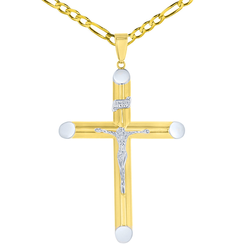 14K Two-Tone Gold Large Tubular Cross INRI Crucifix Pendant with Figaro Chain Necklace