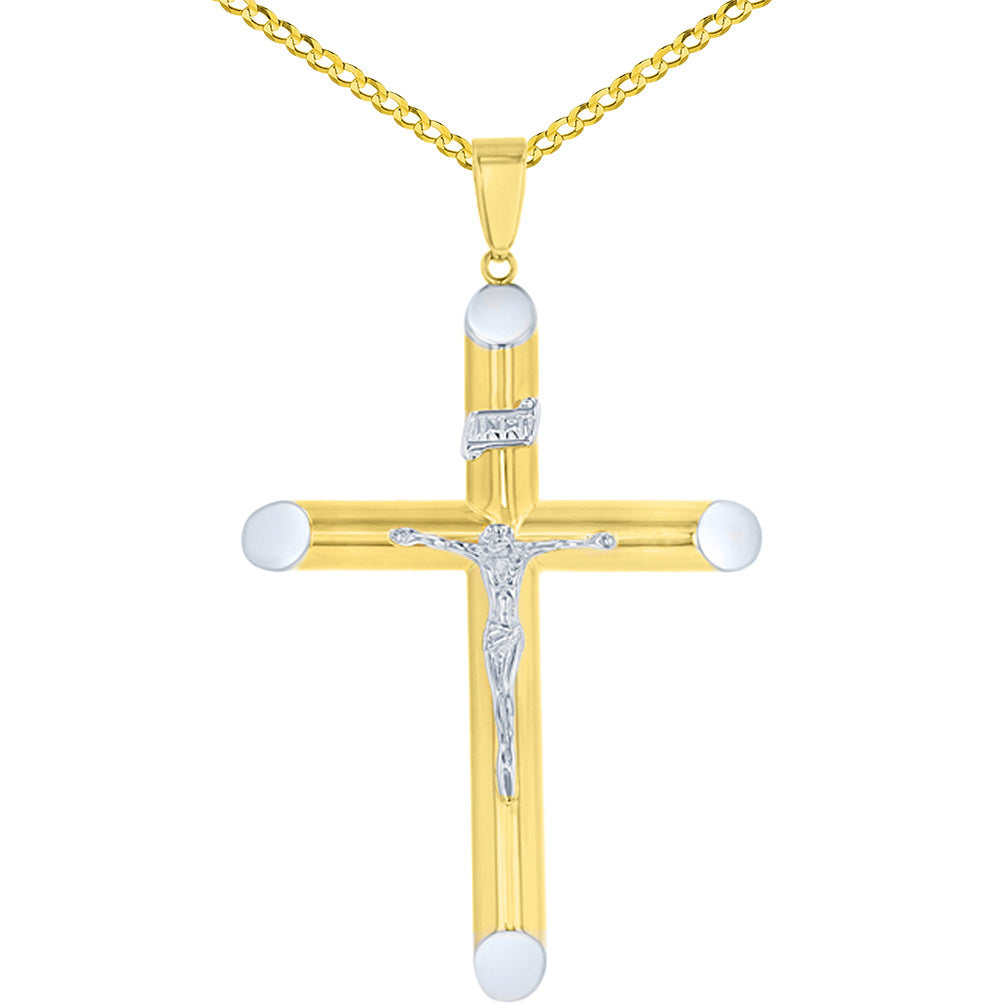 14K Two-Tone Gold Large Tubular Cross INRI Crucifix Pendant with Cuban Chain Necklace