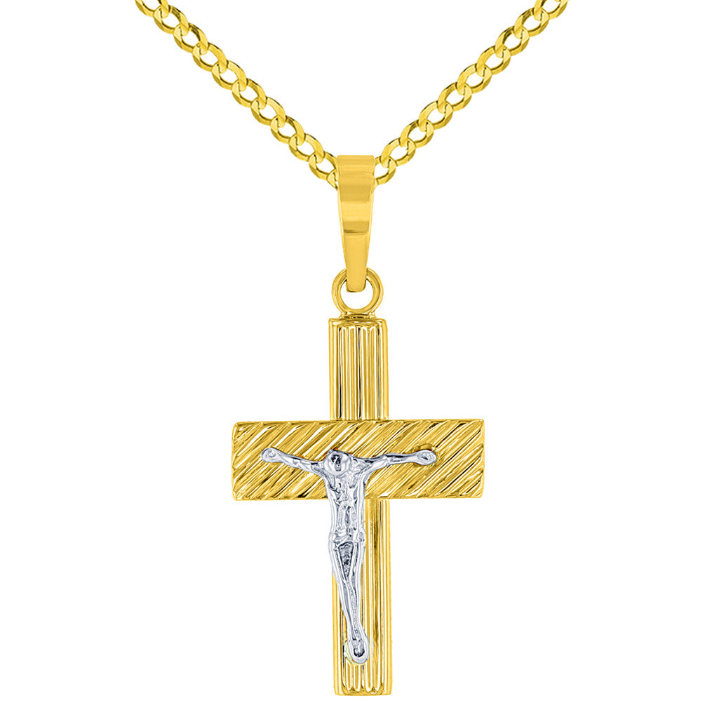 14K Two-Tone Gold Rugged Edged Cross Crucifix Pendant with Cuban Chain Necklace