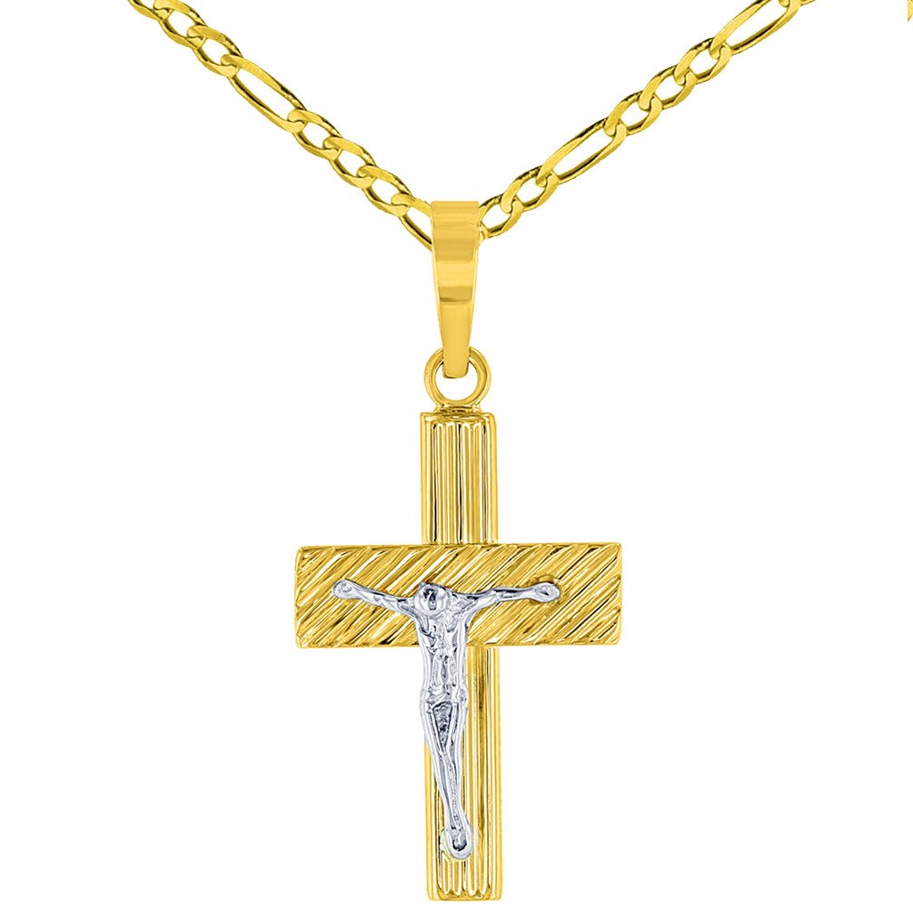 14K Two-Tone Gold Rugged Edged Cross Crucifix Pendant with Figaro Chain Necklace