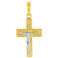 Load image into Gallery viewer, 14K Two-Tone Gold Rugged Edged Cross Crucifix Pendant with Cuban Chain Necklace
