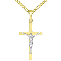 Load image into Gallery viewer, Solid 14K Two-Tone Gold Simple Cross Jesus Crucifix Charm Pendant with Figaro Chain Necklace

