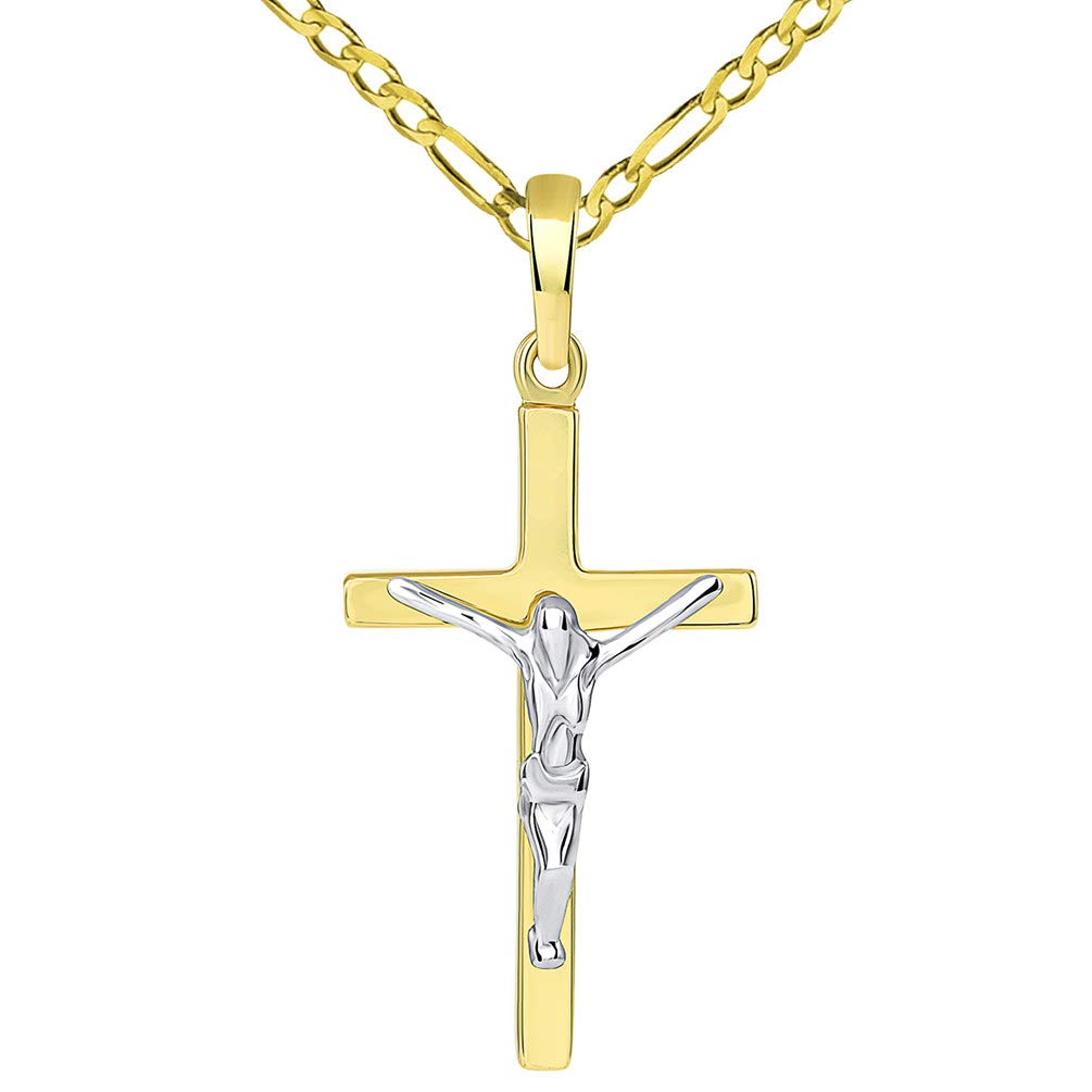 Solid 14K Two-Tone Gold Simple Cross Jesus Crucifix Charm Pendant with Figaro Chain Necklace