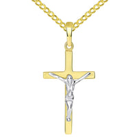 Load image into Gallery viewer, Solid 14K Two-Tone Gold Simple Cross Jesus Crucifix Charm Pendant with Cuban Chain Necklace
