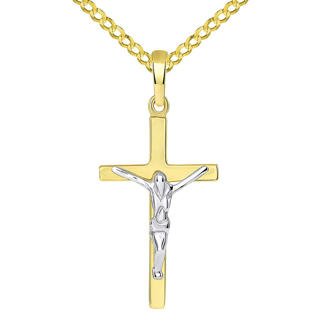 Solid 14K Two-Tone Gold Simple Cross Jesus Crucifix Charm Pendant with Cuban Chain Necklace