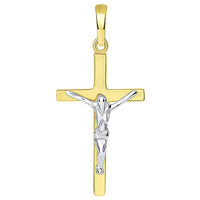 Load image into Gallery viewer, Solid 14K Two-Tone Gold Simple Cross Jesus Crucifix Charm Pendant with Figaro Chain Necklace
