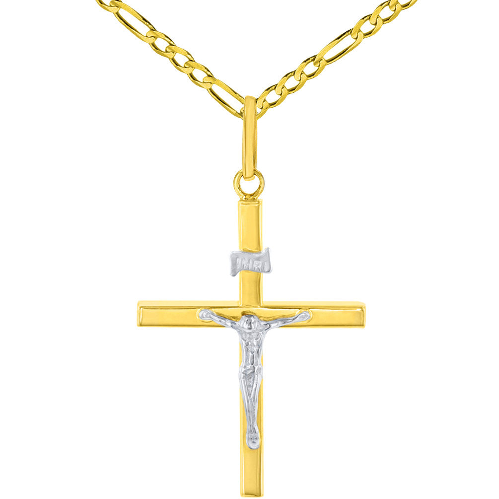 14K Two-Tone Gold Slender Cross INRI Crucifix Pendant Necklace