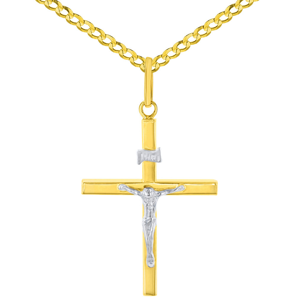 14K Two-Tone Gold Slender Cross INRI Crucifix Pendant Necklace
