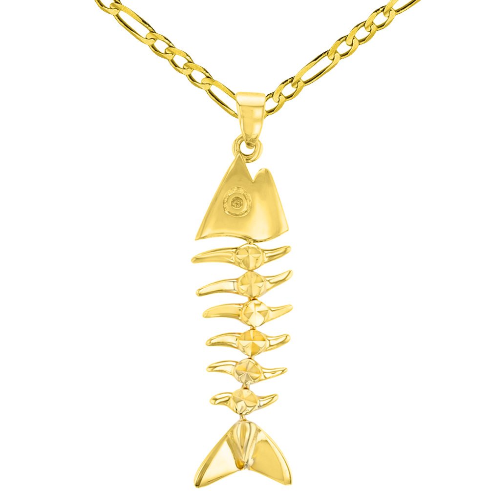 Solid 14K Yellow Gold Dangling Fishbones Pendant with Figaro Chain Necklace