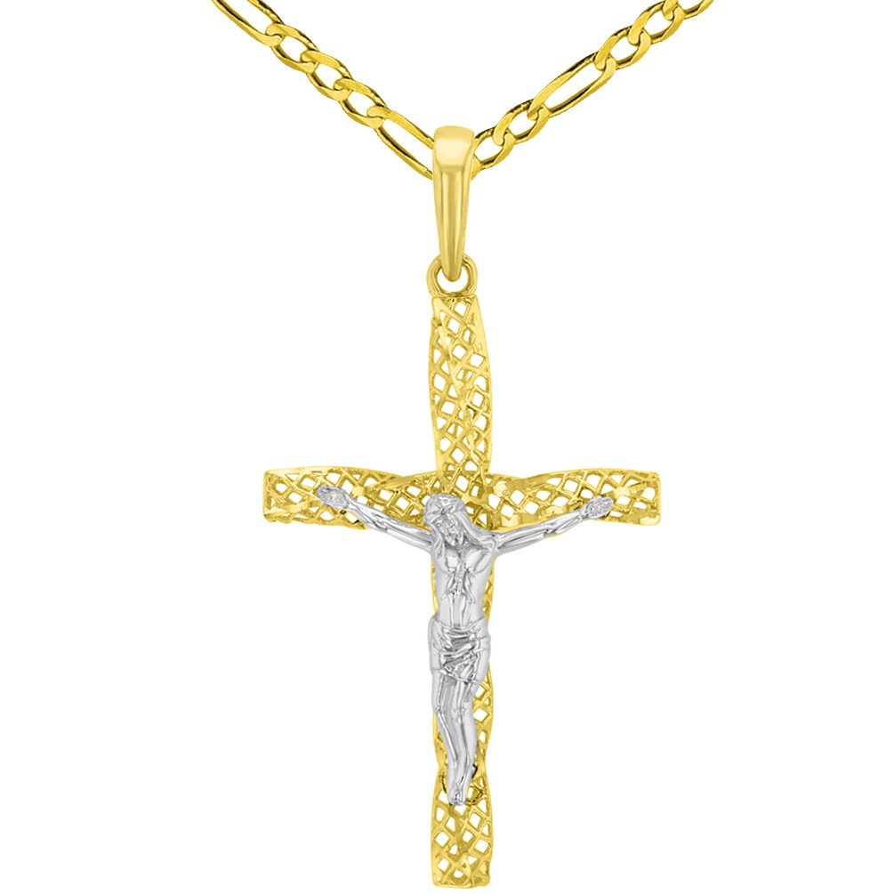 14K Two-Tone Gold Textured Spiral Tube Cross Crucifix Pendant with Figaro Chain Necklace