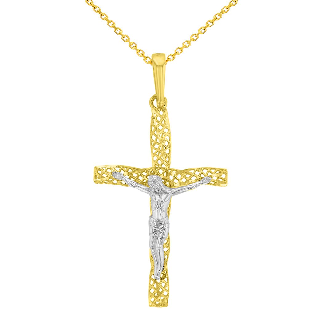 14K Two-Tone Gold Textured Spiral Tube Cross Crucifix Pendant Necklace