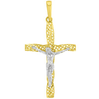 Load image into Gallery viewer, 14K Two-Tone Gold Textured Spiral Tube Cross Crucifix Pendant
