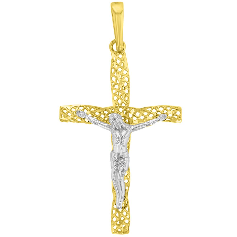 14K Two-Tone Gold Textured Spiral Tube Cross Crucifix Pendant