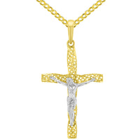 Load image into Gallery viewer, 14K Two-Tone Gold Textured Spiral Tube Cross Crucifix Pendant with Cuban Chain Necklace
