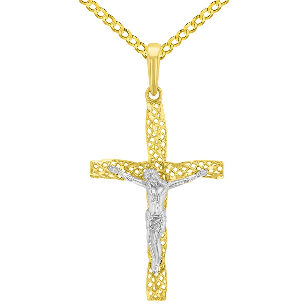 14K Two-Tone Gold Textured Spiral Tube Cross Crucifix Pendant with Cuban Chain Necklace