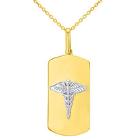 Load image into Gallery viewer, Solid 14K Two Tone Gold Caduceus Charm Medical Symbol Pendant with Cable, Curb, or Figaro Chain Necklaces
