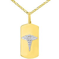 Load image into Gallery viewer, Solid 14K Two Tone Gold Caduceus Charm Medical Symbol Pendant with Cable, Curb, or Figaro Chain Necklaces
