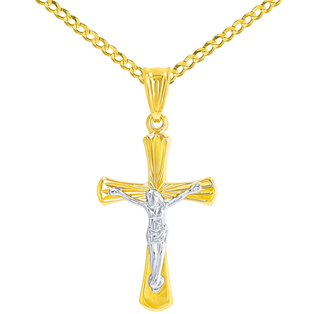 High Polish 14K Two Tone Gold Textured Cross Passion Crucifix Pendant Necklace