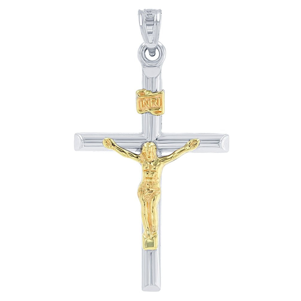 14K White Gold INRI Cross Two Tone Crucifix Pendant ( 37mm x 20mm )