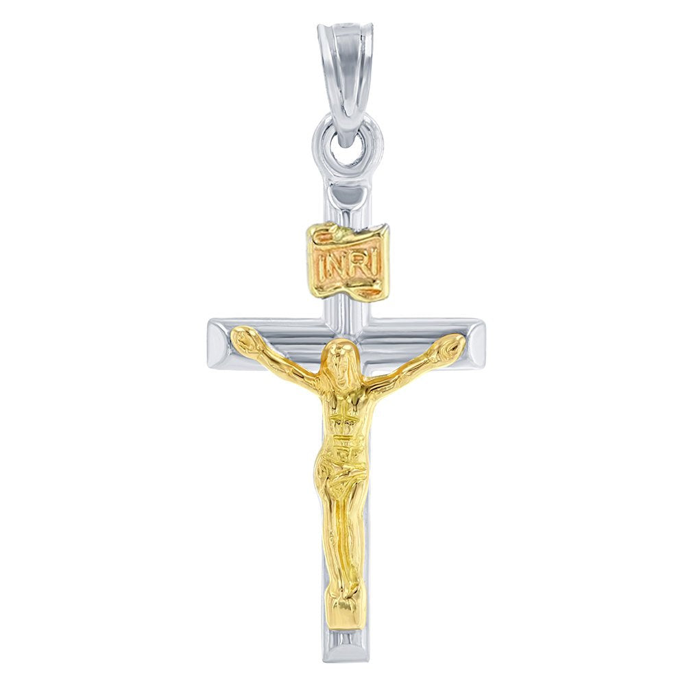 14K White Gold INRI Latin Cross Two Tone Crucifix Pendant 31mm x 15mm