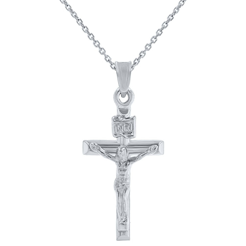 14K White Gold Polished INRI Crucifix Tubular Cross Pendant Necklace