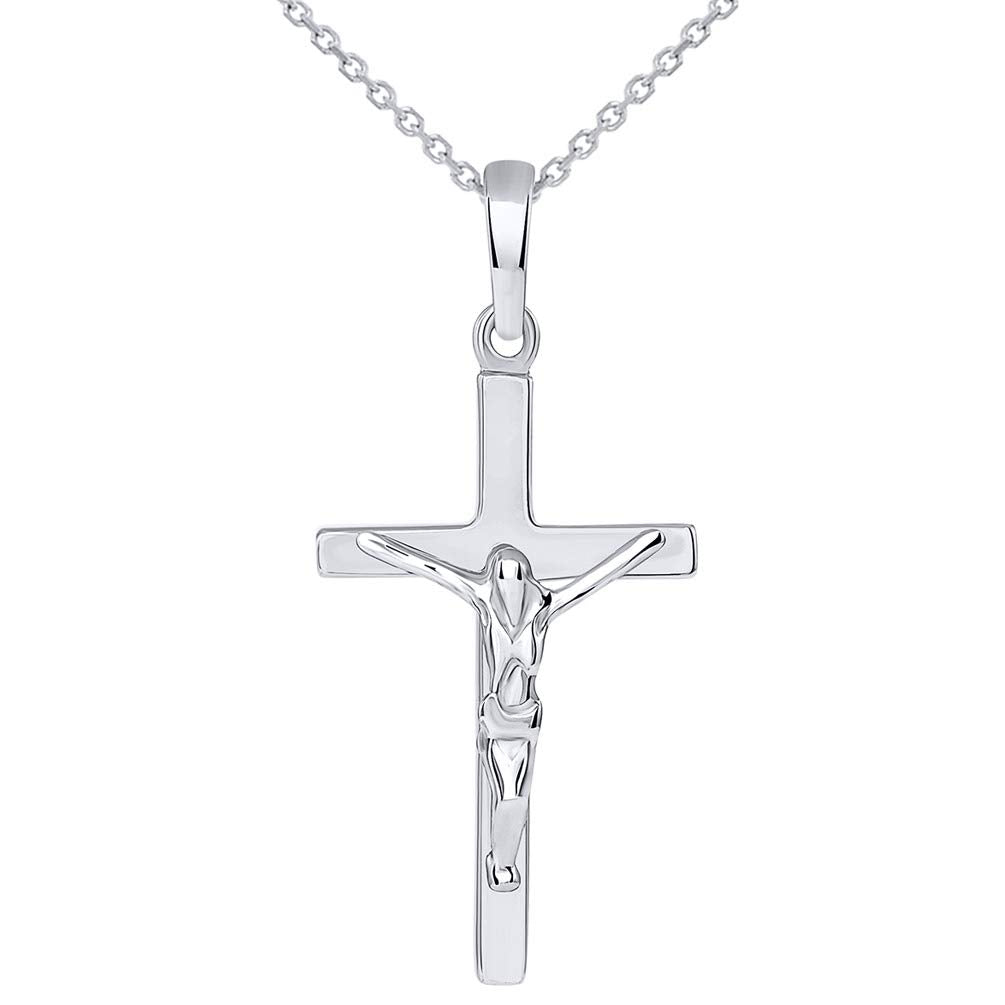 Solid 14K White Gold Simple Cross Jesus Crucifix Charm Pendant Necklace