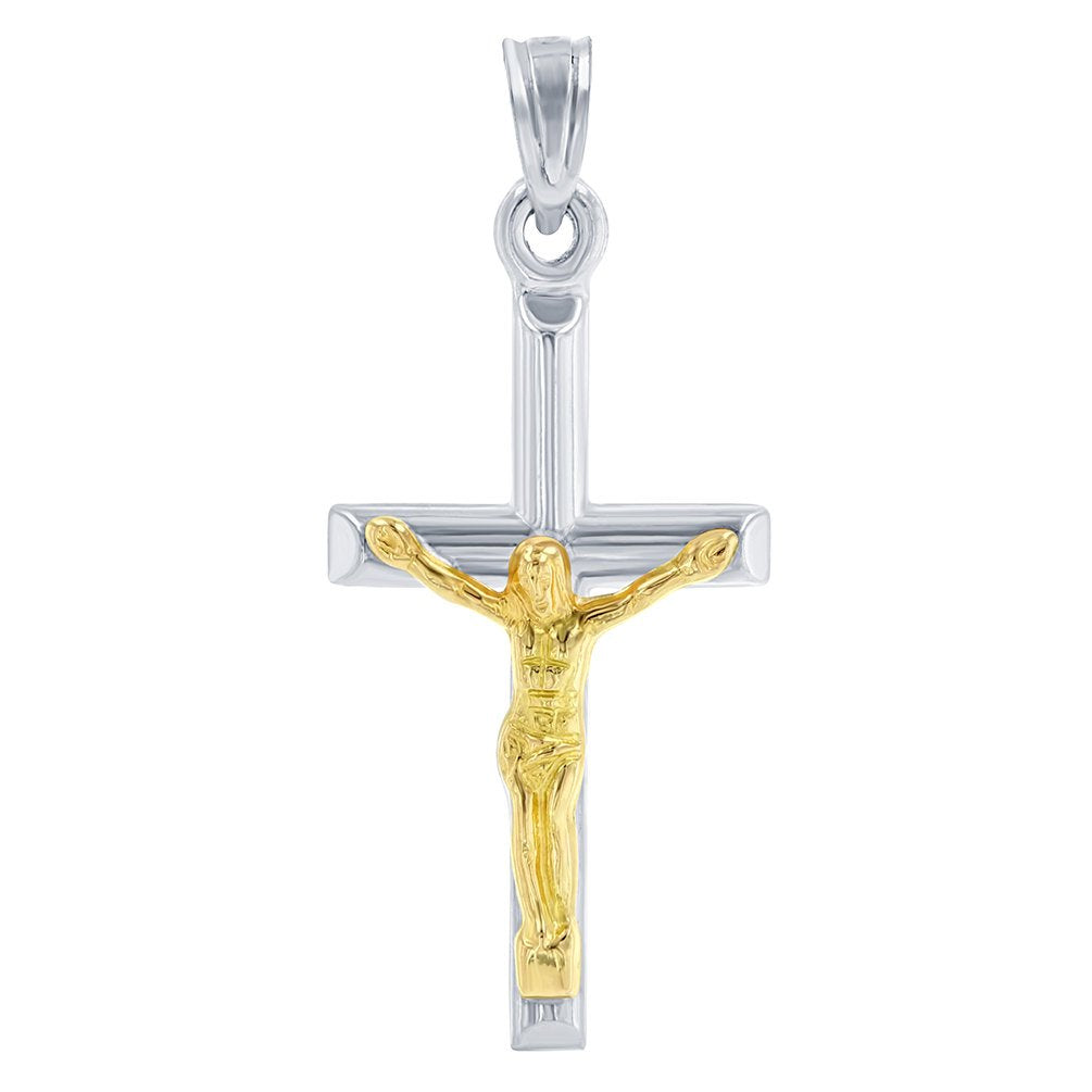 14K White Gold Small Cross Two Tone Jesus Crucifix Pendant