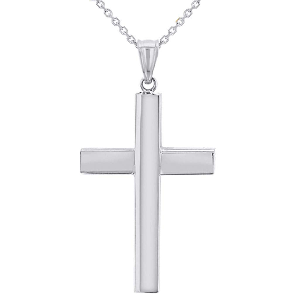 14K White Gold Traditional Religious Plain Cross Pendant with Chain Necklace