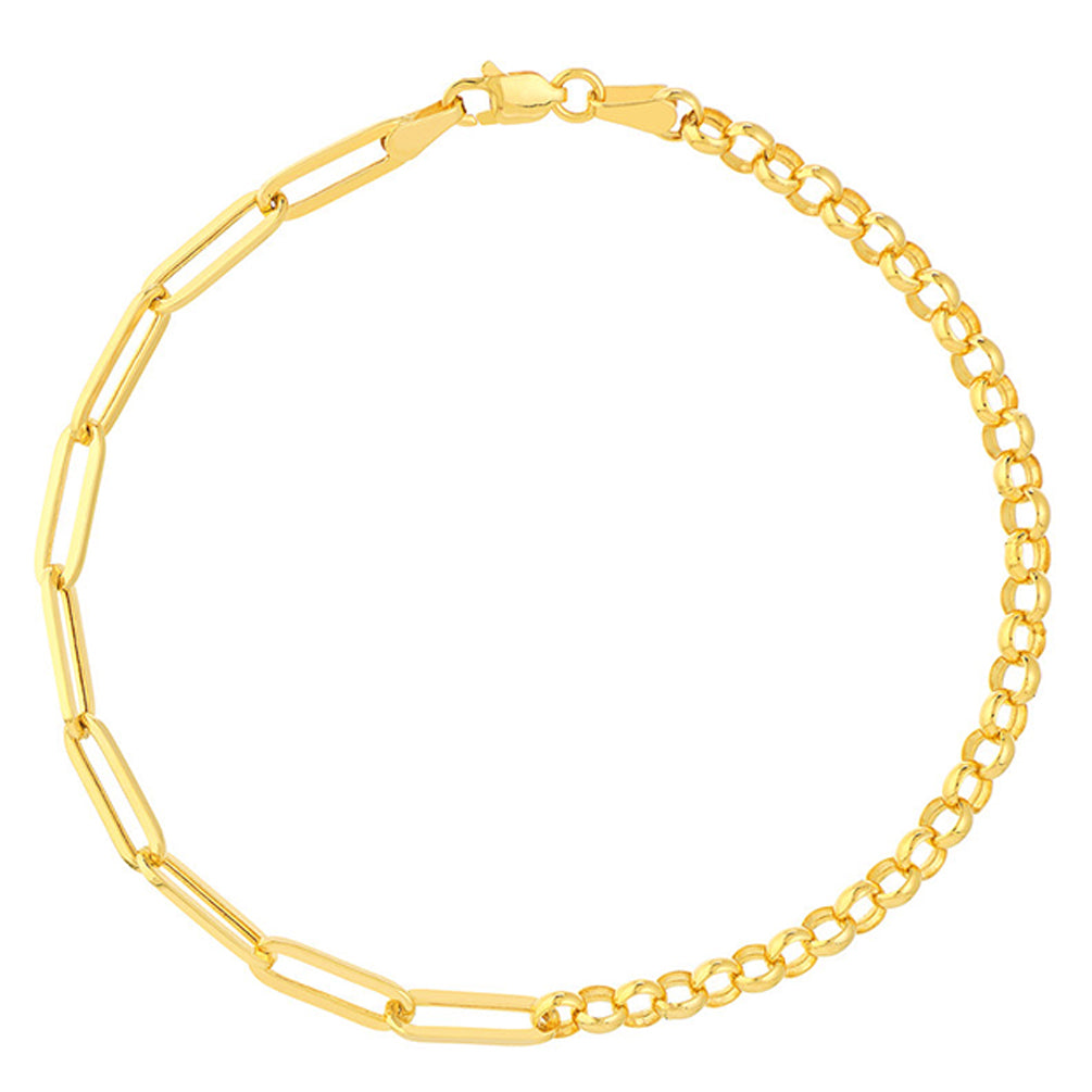 14K Yellow Gold 3.8mm Half Paperclip and Half Rolo Chain Bracelets with Lobster Lock (50/50 chain)