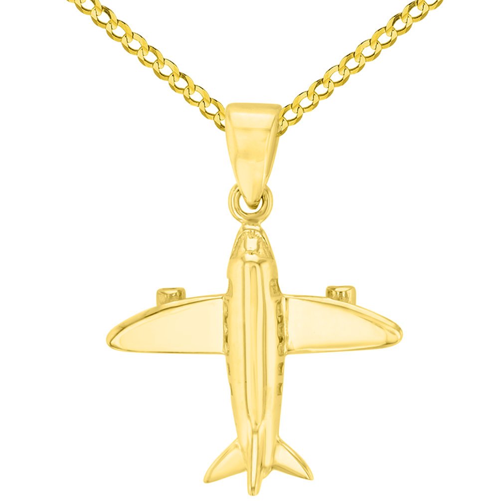 Solid 14K Yellow Gold 3D Airplane Charm Jet Aircraft Pendant with Cuban Chain Necklace