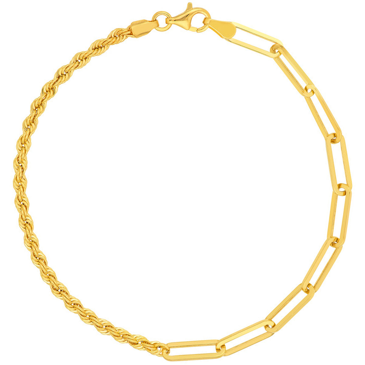 14K Yellow Gold 50/50 Paperclip and Rope Chain Bracelet with Lobster Lock, 7.5"
