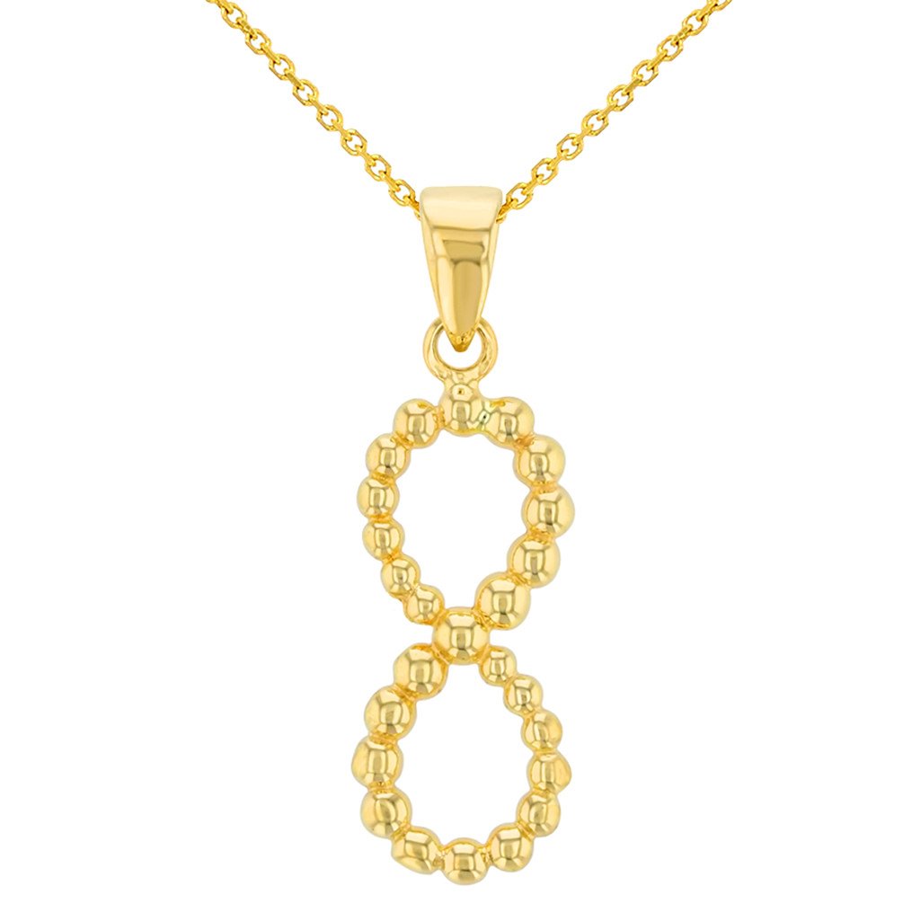 14K Yellow Gold Beaded Vertical Infinity Pendant with Cable, Curb, or Figaro Chain Necklaces