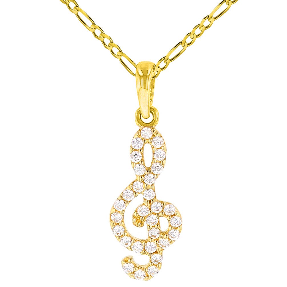 14K Yellow Gold CZ-Studded Dainty Musical Note Charm Pendant with Figaro Necklace