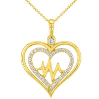 Load image into Gallery viewer, Solid 14K Yellow Gold CZ Double Heart Heartbeat Pendant Necklace
