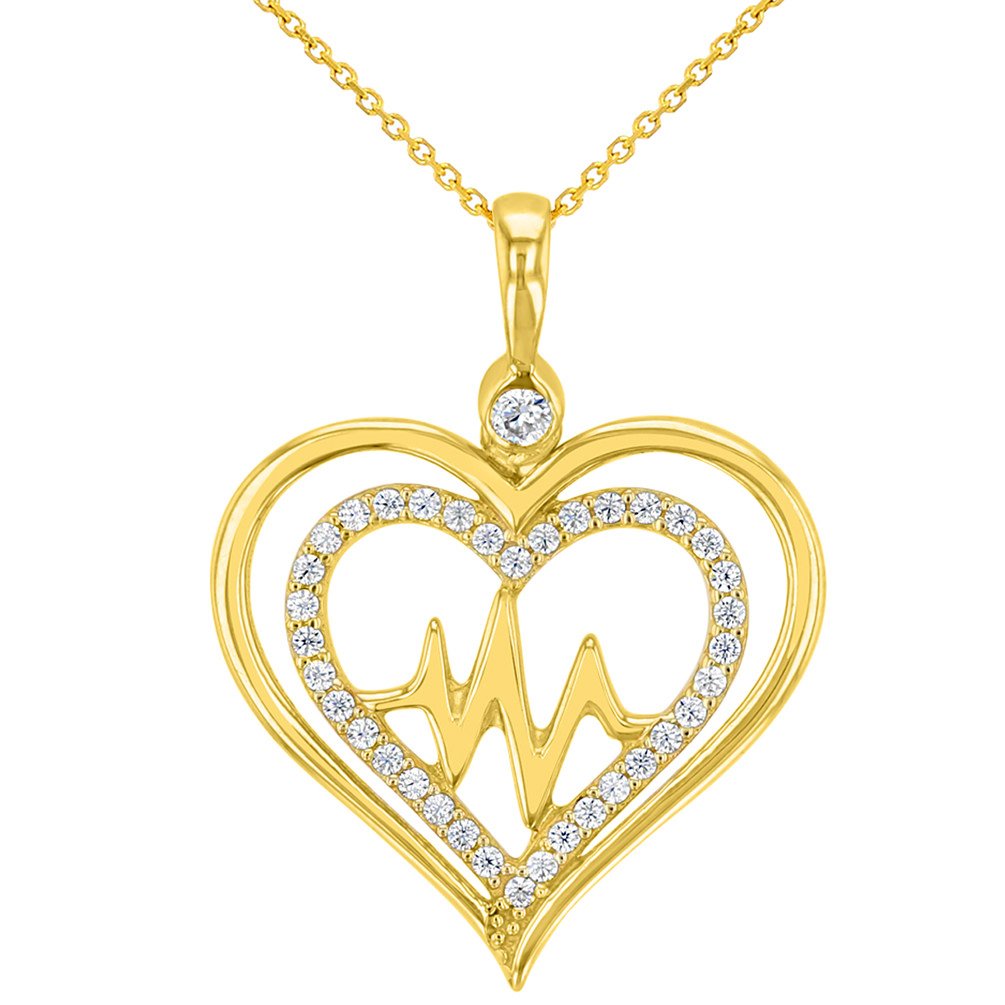 Solid 14K Yellow Gold CZ Double Heart Heartbeat Pendant Necklace