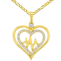 Load image into Gallery viewer, Solid 14K Yellow Gold CZ Double Heart Heartbeat Pendant with Figaro Necklace
