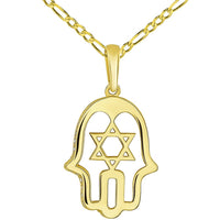 Load image into Gallery viewer, 14K Yellow Gold CZ Hamsa Hand of God with Star of David Pendant with Figaro Chain Necklace
