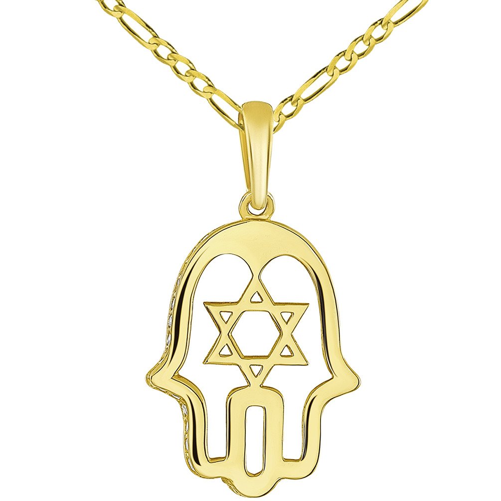 14K Yellow Gold CZ Hamsa Hand of God with Star of David Pendant with Figaro Chain Necklace