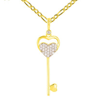 Load image into Gallery viewer, 14K Yellow Gold Double CZ Heart Love Key Pendant with Figaro Necklace
