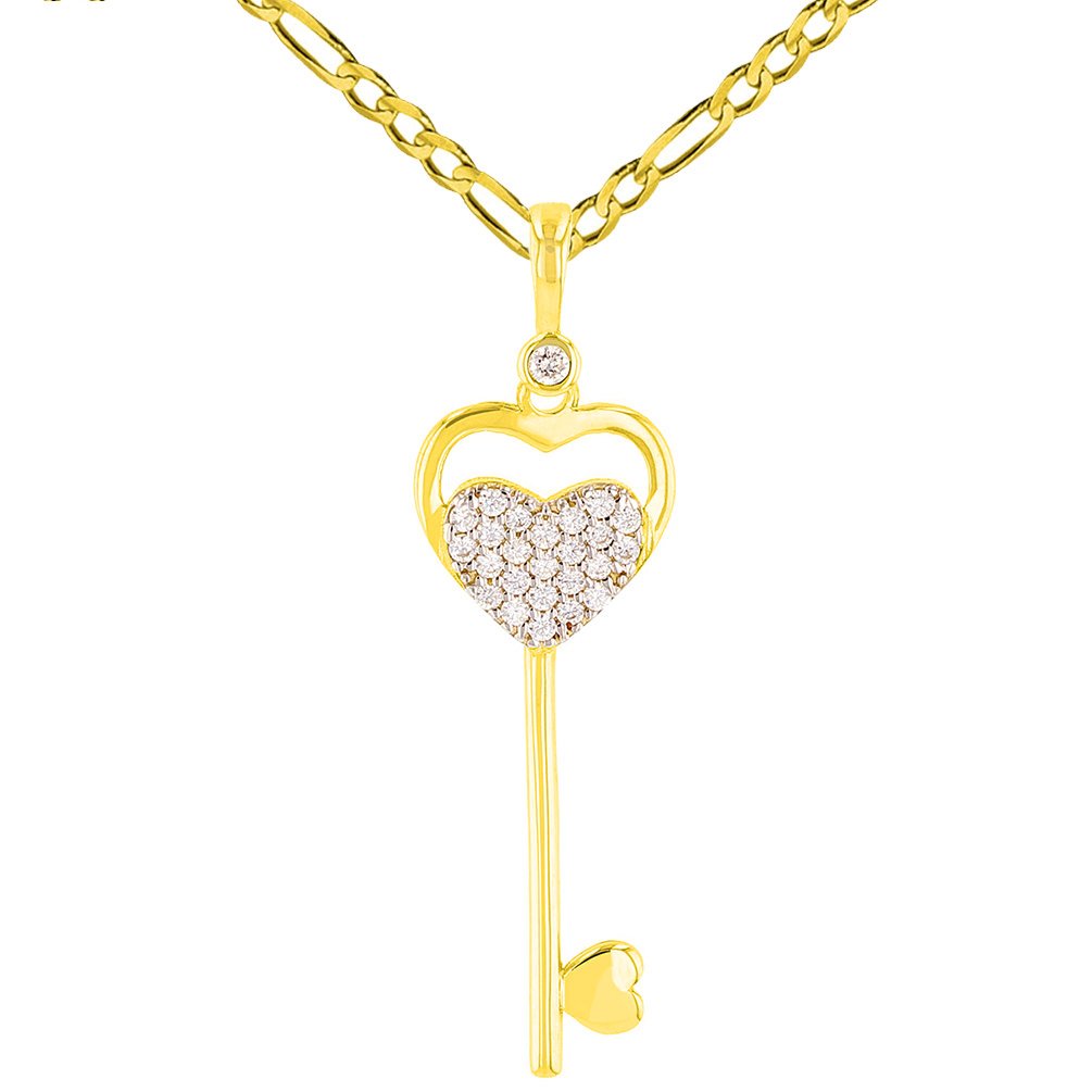 14K Yellow Gold Double CZ Heart Love Key Pendant with Figaro Necklace