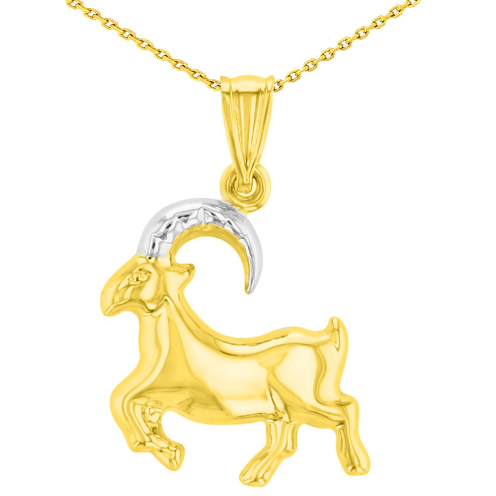 High Polish 14K Yellow Gold Capricorn Zodiac Sign Charm Pendant With Cable, Curb or Figaro Chain Necklace