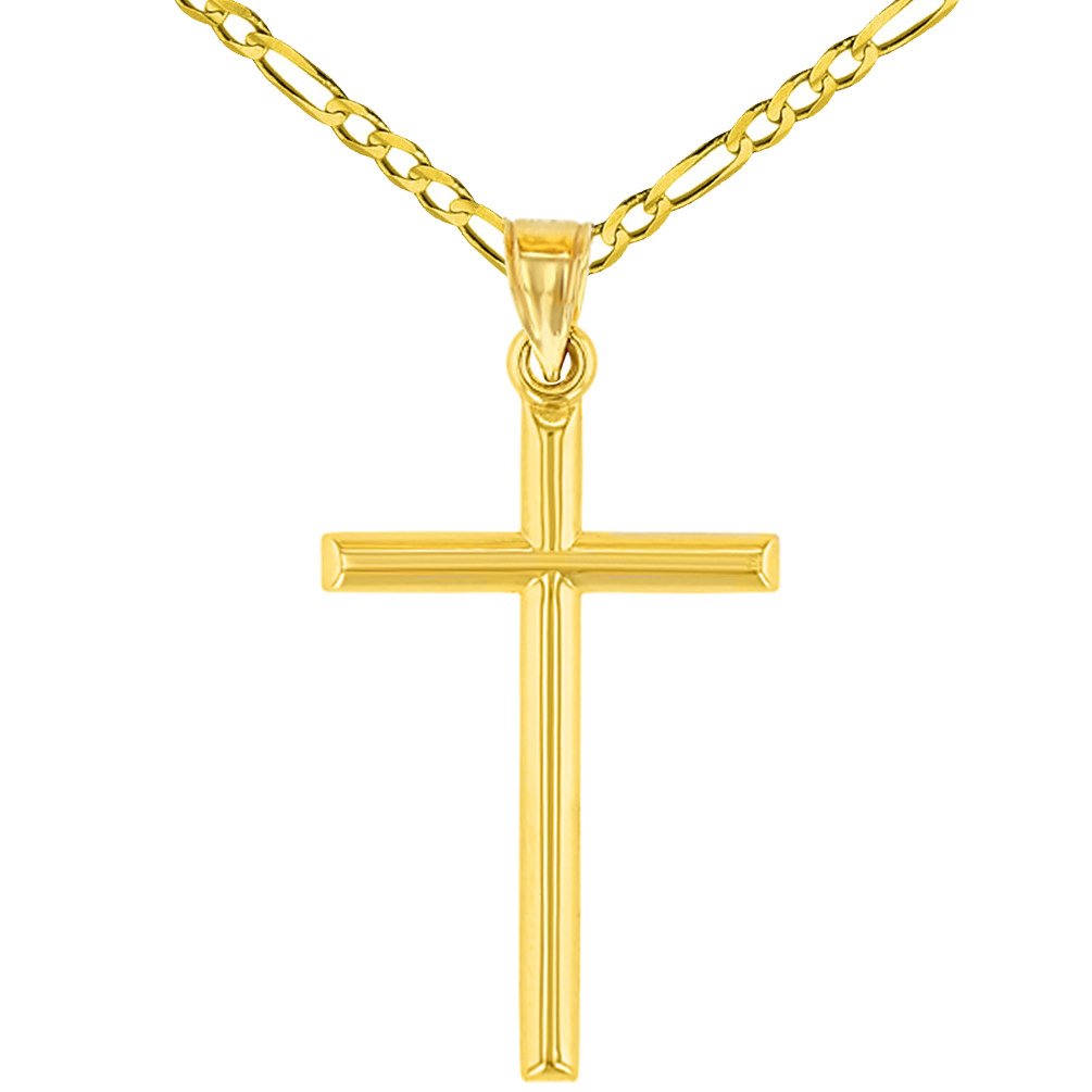 14K Yellow Gold Classic Latin Cross Pendant Necklace with Figaro Chain