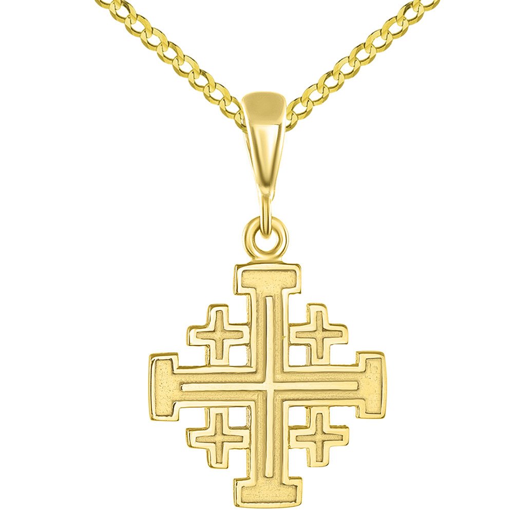 Solid 14K Yellow Gold Crusaders Jerusalem Cross Pendant with Cuban Chain Necklace