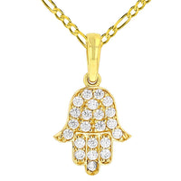 Load image into Gallery viewer, Solid 14K Yellow Gold Cubic Zirconia Hamsa Hand of Fatima Charm Pendant with Figaro Chain Necklace
