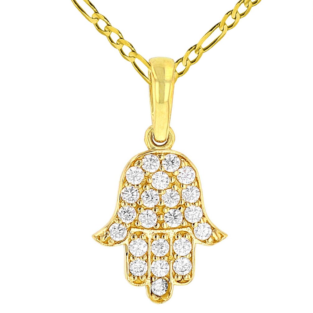 Solid 14K Yellow Gold Cubic Zirconia Hamsa Hand of Fatima Charm Pendant with Figaro Chain Necklace