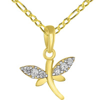 Load image into Gallery viewer, Solid 14K Yellow Gold Dainty Cubic Zirconia Studded Dragonfly Charm Pendant with Figaro Chain Necklace
